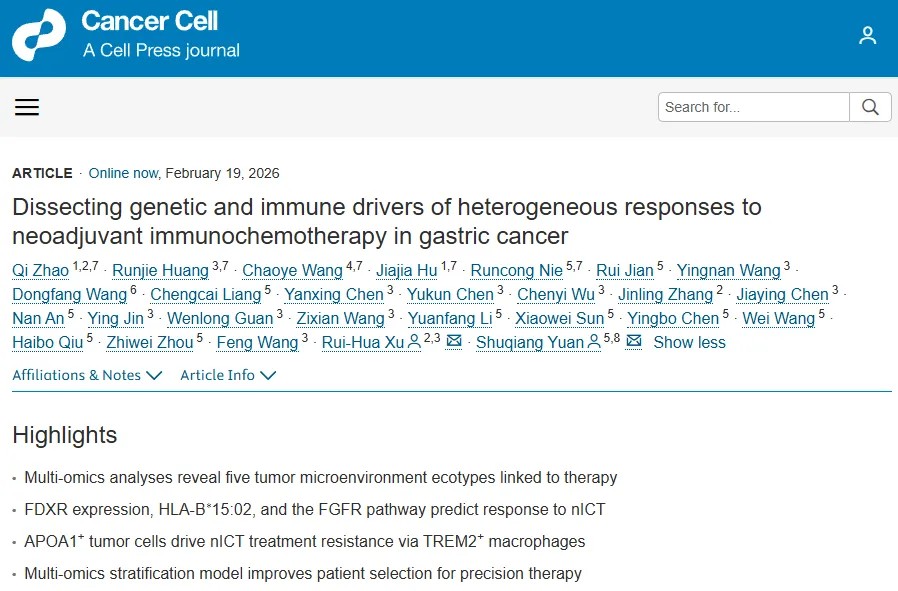 破解胃癌治疗“响应差异”之谜！中山大学肿瘤防治中心袁庶强教授&徐瑞华院士团队首次系统描绘胃癌新辅助免疫联合化疗疗效差异的完整图谱